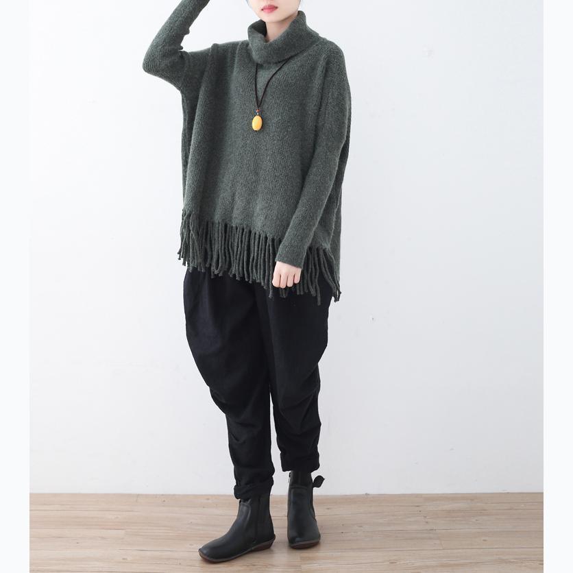 Fine blackish green knit tops plus size tassel pullover 2017  high neck shirt - Omychic