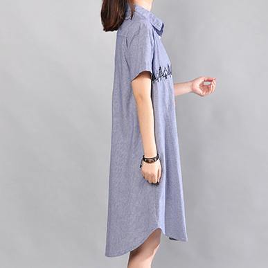 Fine blue cotton shift dress plus size shirt dress New embroidery striped cotton clothing dresses - Omychic