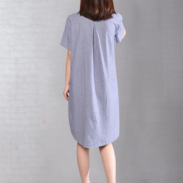 Fine blue cotton shift dress plus size shirt dress New embroidery striped cotton clothing dresses - Omychic