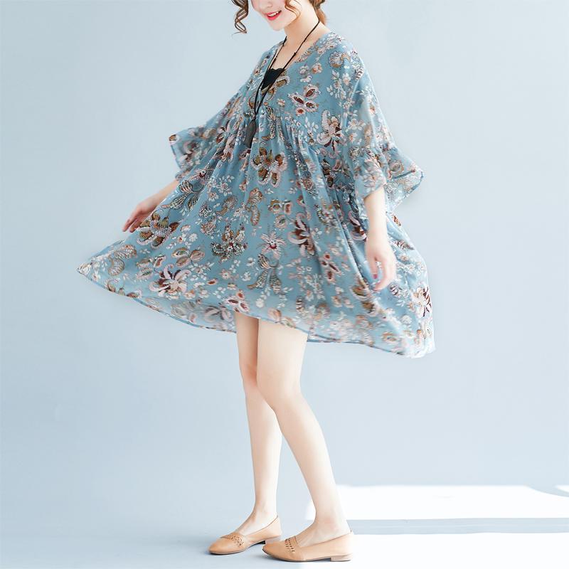 Fine blue floral pure chiffon dresses trendy plus size chiffon cotton dress Fine v neck high waist cotton dresses - Omychic