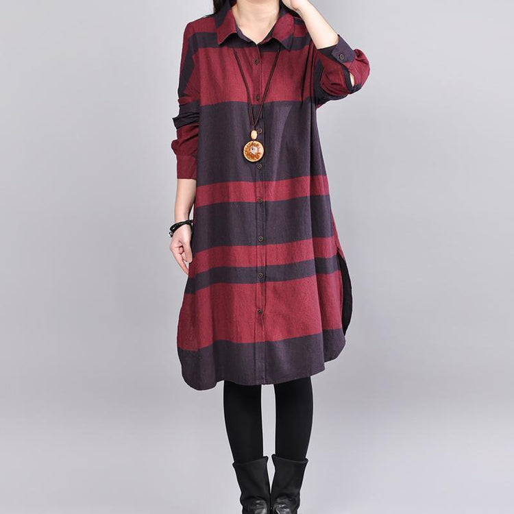 Fine Burgundy Shirt Linen Dresses Plus Size Casual Dress Elegant Lapel Collar Patchwork Cotton Clothing - Omychic