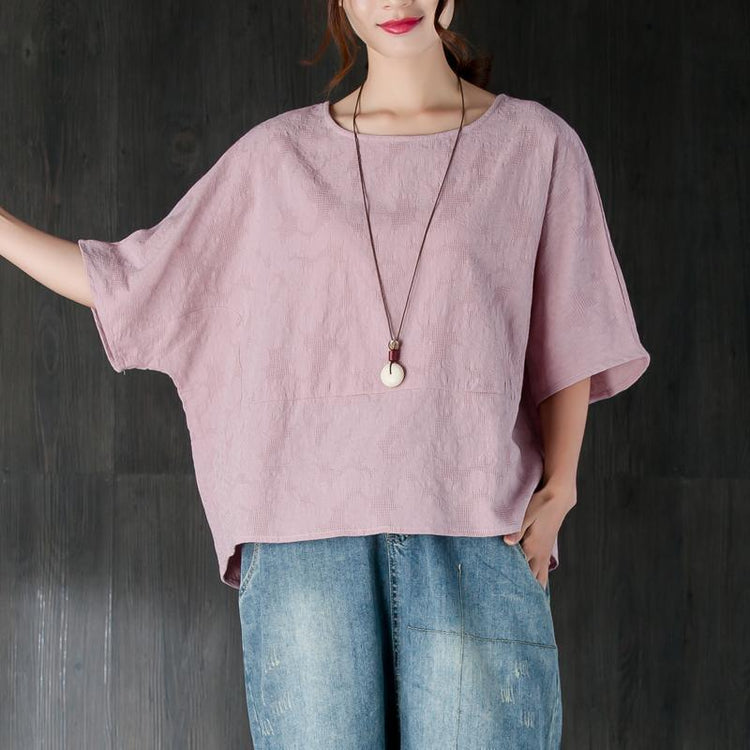 Fine cotton blouse trendy plus size Loose 12 Sleeve Round Neck Jacquard Cotton Tops - Omychic