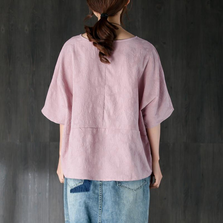 Fine cotton blouse trendy plus size Loose 12 Sleeve Round Neck Jacquard Cotton Tops - Omychic