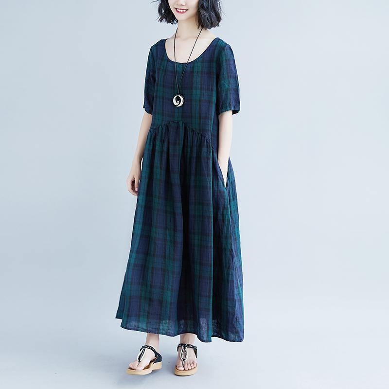 Fine cotton gown casual Casual Short Sleeve Plaid String Summer Long Pleated Dress - Omychic