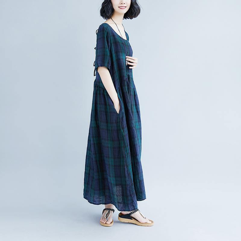Fine cotton gown casual Casual Short Sleeve Plaid String Summer Long Pleated Dress - Omychic