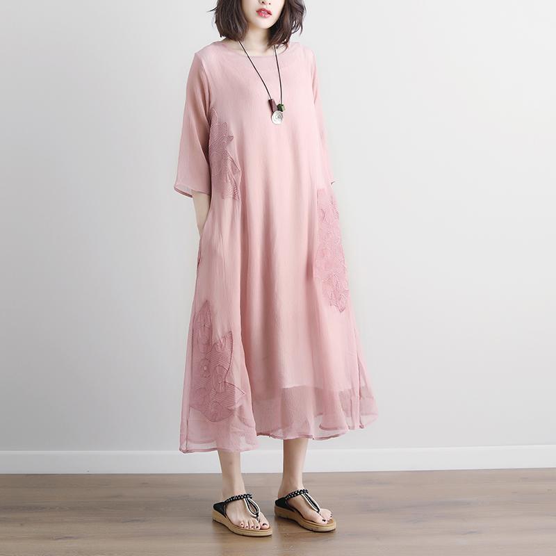 Fine cotton maxi dress plus size Pink Summer Fake Two-piece Pockets Retro Dress - Omychic