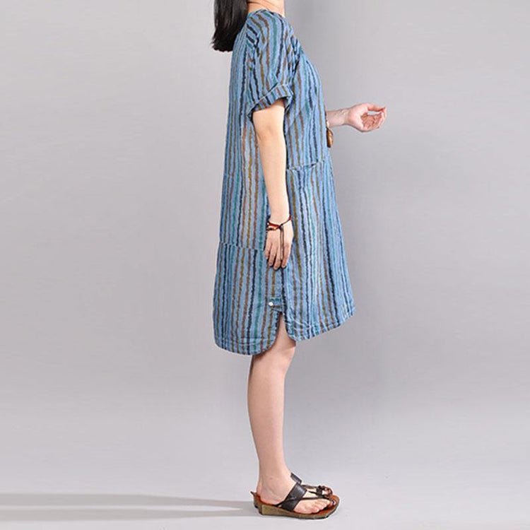 Fine cotton summer dress plus size Casual Stripe Summer Short Sleeve Blue Dress - Omychic