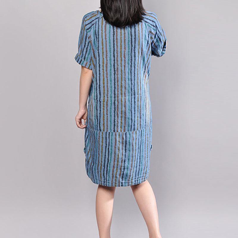 Fine cotton summer dress plus size Casual Stripe Summer Short Sleeve Blue Dress - Omychic
