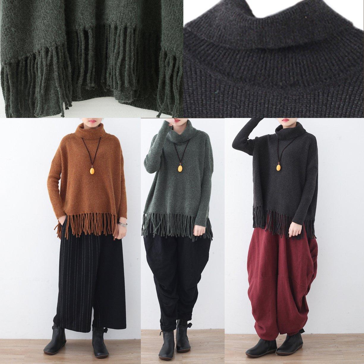 Fine dark gray knit sweaters plussize batwing sleeve knitted tops Elegant tassel winter shirt - Omychic