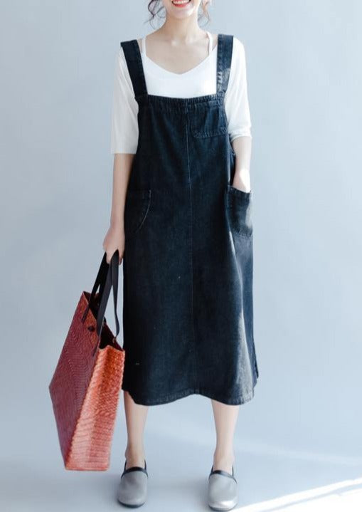 Fine denim black long cotton dresses casual sleeveless cotton maxi dress Fine big pockets cotton clothing dresses - Omychic