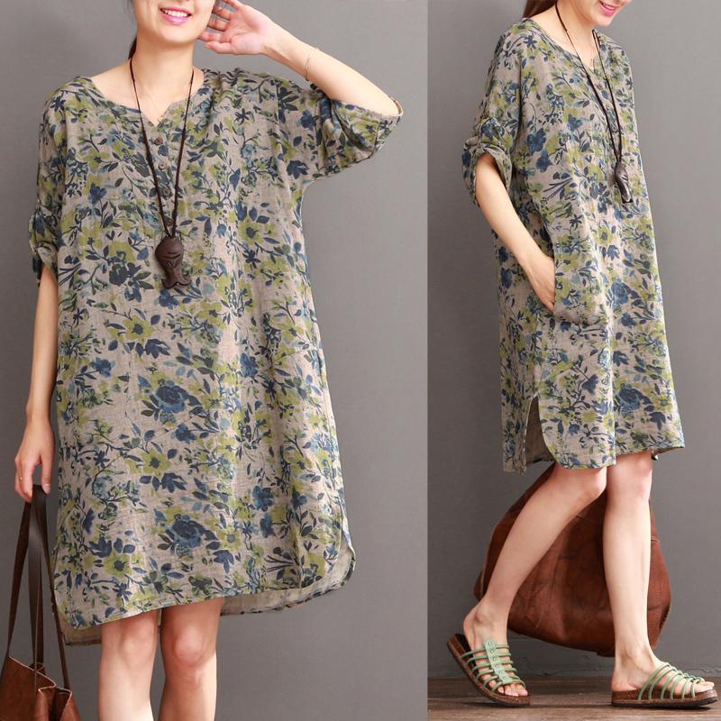 Fine floral cotton dress summer long sundress half sleeve - Omychic