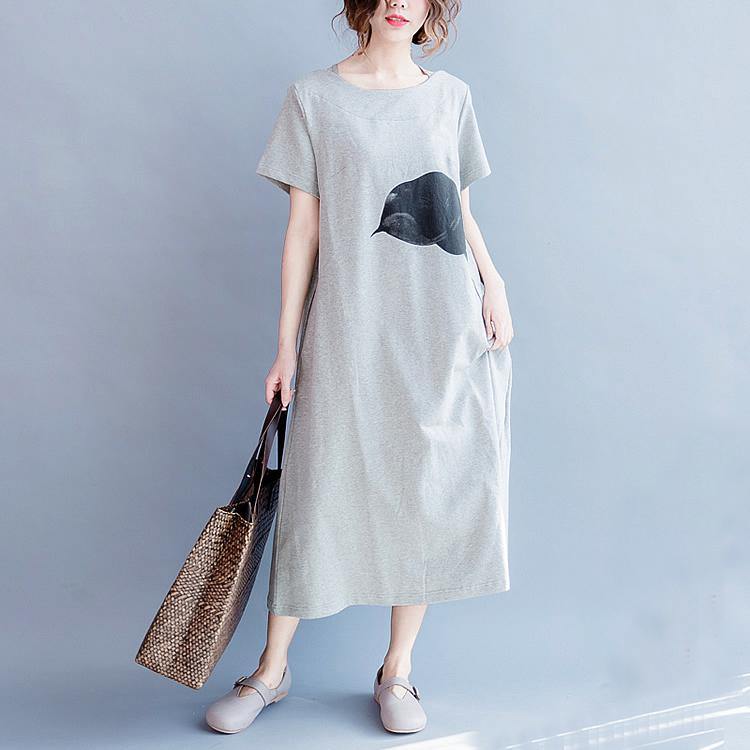 Fine gray cotton dress plus size clothing o neck cotton gown women back side open cotton dress - Omychic