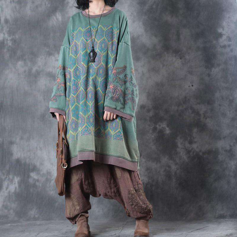 Fine green print Midi-length cotton dress plus size clothing dresses boutique low high design o neck  natural dress - Omychic