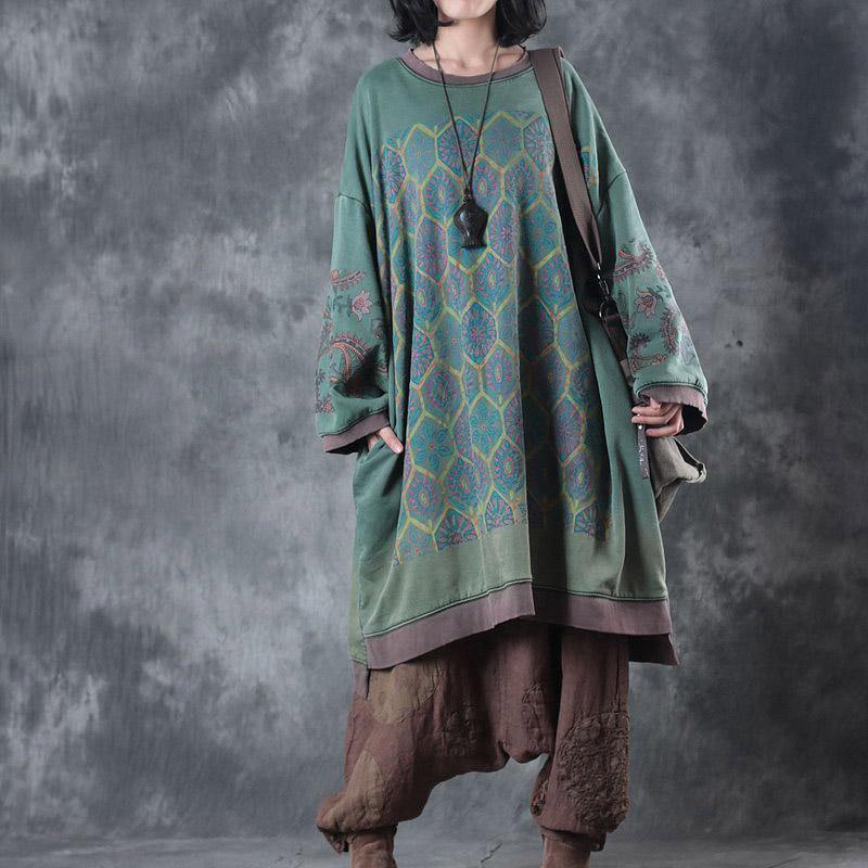 Fine green print Midi-length cotton dress plus size clothing dresses boutique low high design o neck  natural dress - Omychic