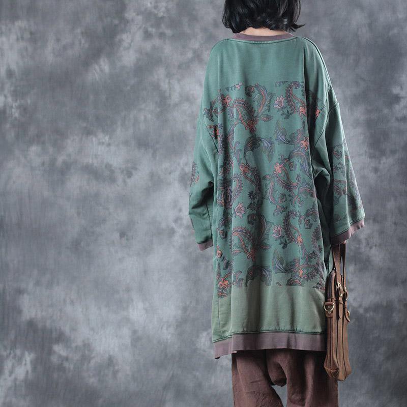 Fine green print Midi-length cotton dress plus size clothing dresses boutique low high design o neck  natural dress - Omychic