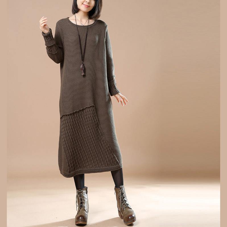 Fine khaki asymmetrical knit dresses plussize long knit sweaters women patchwork pullover sweater - Omychic