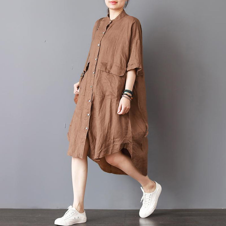 Fine khaki pure linen dress plus size shirt dress boutique low high design big pockets linen clothing dress - Omychic