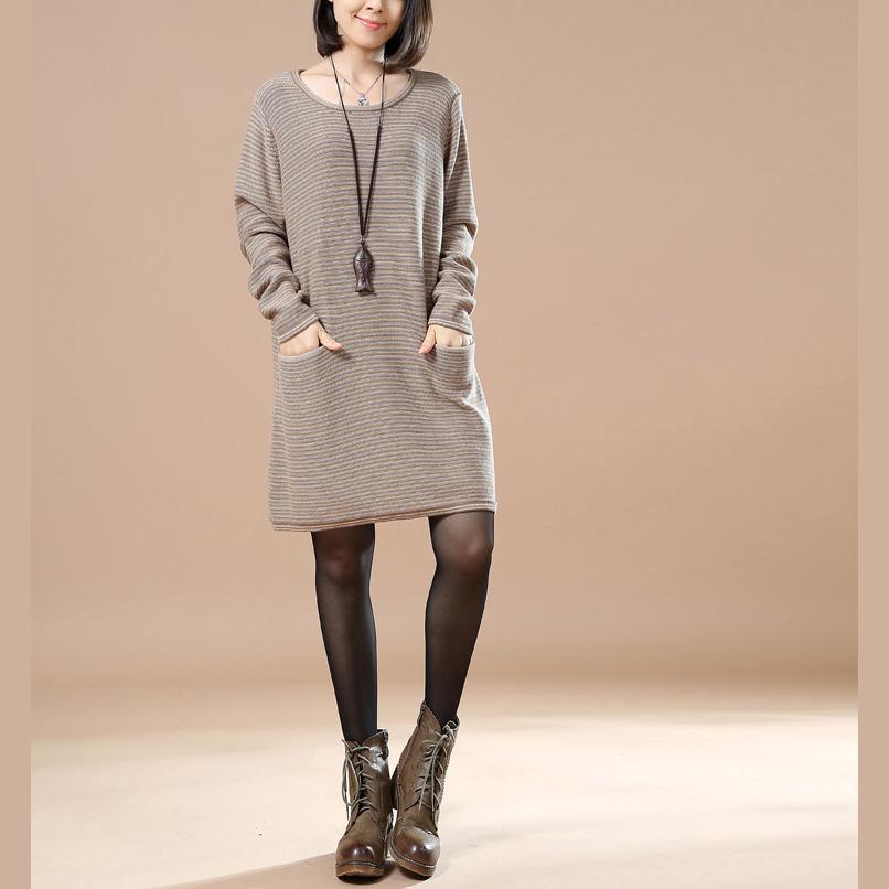 Fine khaki stripe knit dress oversize long sweaters boutique  sweaters split pockets - Omychic
