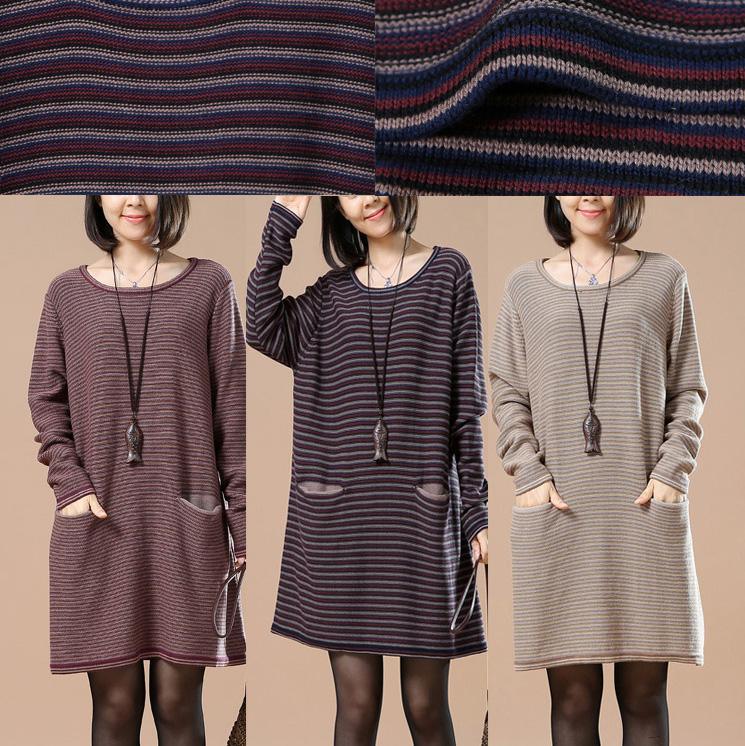 Fine khaki stripe knit dress oversize long sweaters boutique  sweaters split pockets - Omychic