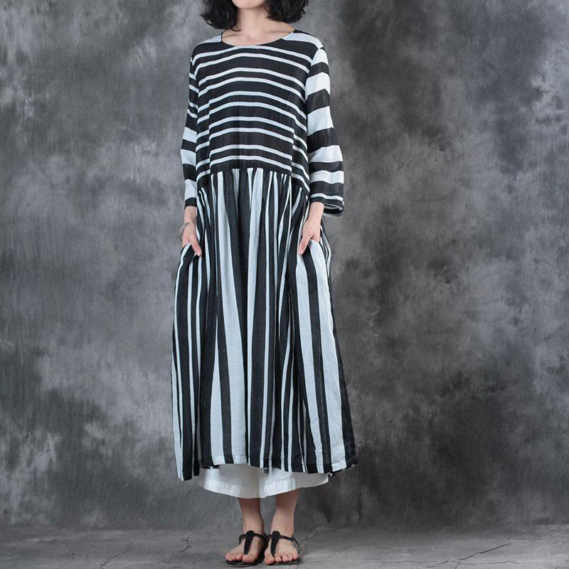 Fine Linen Blouse Plussize Black And White Stripe Three Quarter Sleeve Ramie Dress ( Limited Stock) - Omychic