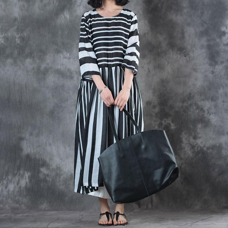 Fine Linen Blouse Plussize Black And White Stripe Three Quarter Sleeve Ramie Dress ( Limited Stock) - Omychic