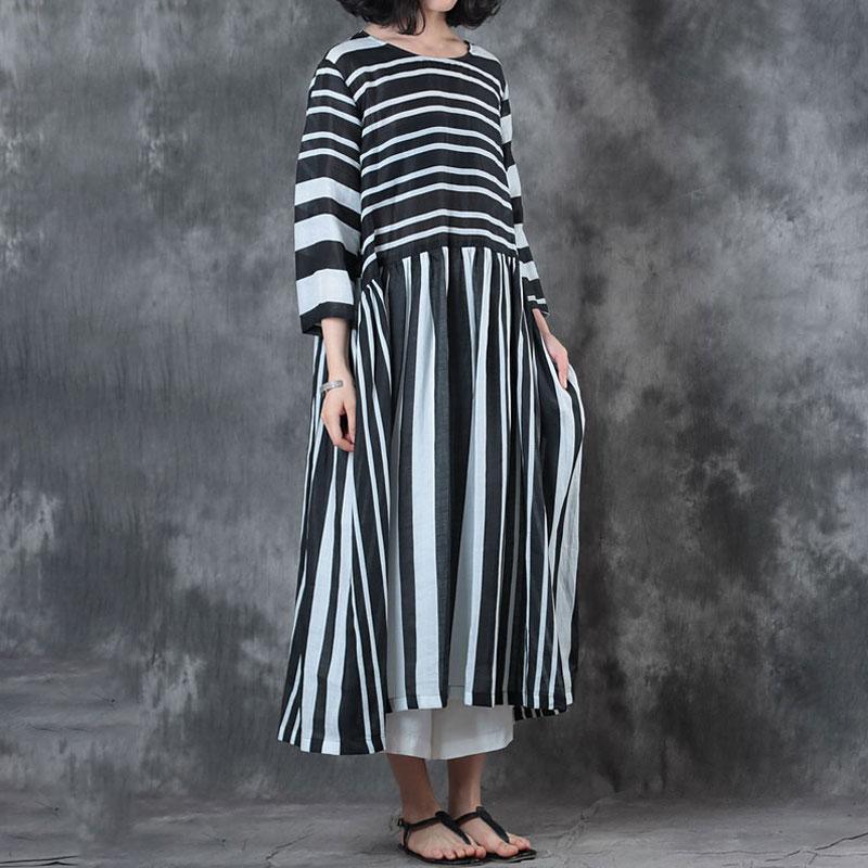 Fine Linen Blouse Plussize Black And White Stripe Three Quarter Sleeve Ramie Dress ( Limited Stock) - Omychic