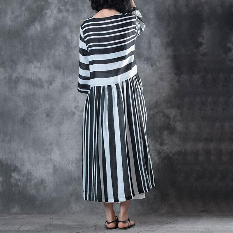 Fine Linen Blouse Plussize Black And White Stripe Three Quarter Sleeve Ramie Dress ( Limited Stock) - Omychic