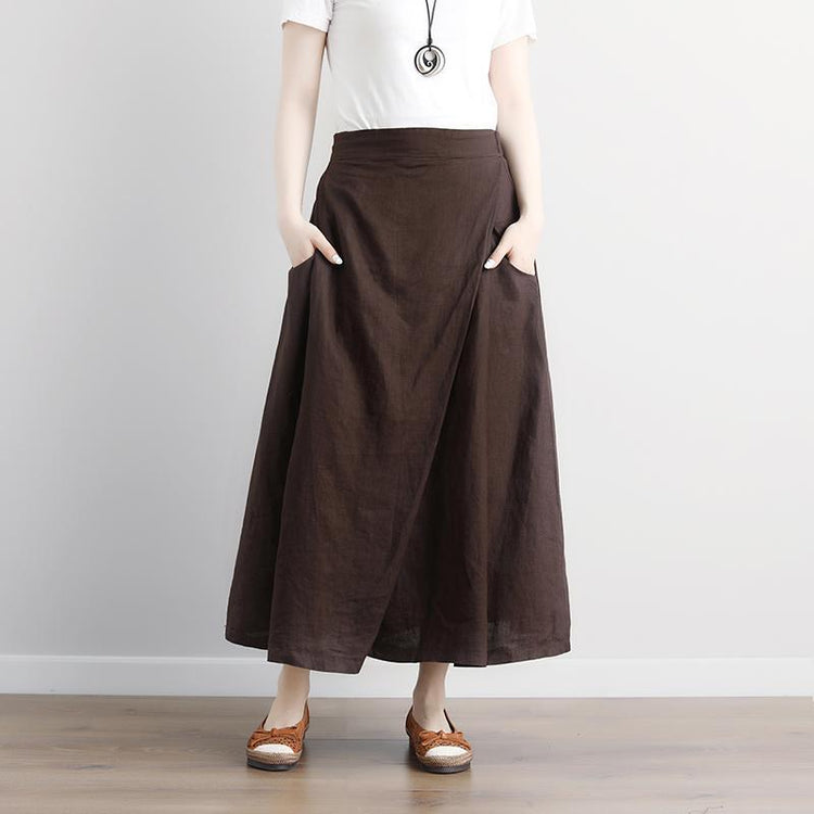 Fine linen skirt plus size Casual Summer Brown Pockets Pleated Skirts - Omychic