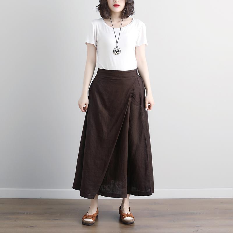 Fine linen skirt plus size Casual Summer Brown Pockets Pleated Skirts - Omychic