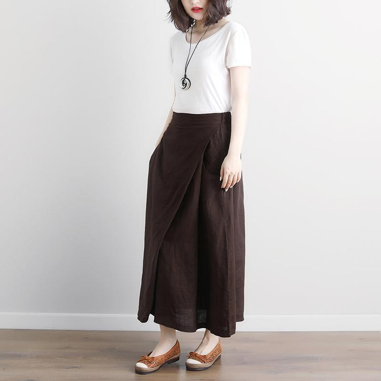 Fine linen skirt plus size Casual Summer Brown Pockets Pleated Skirts - Omychic