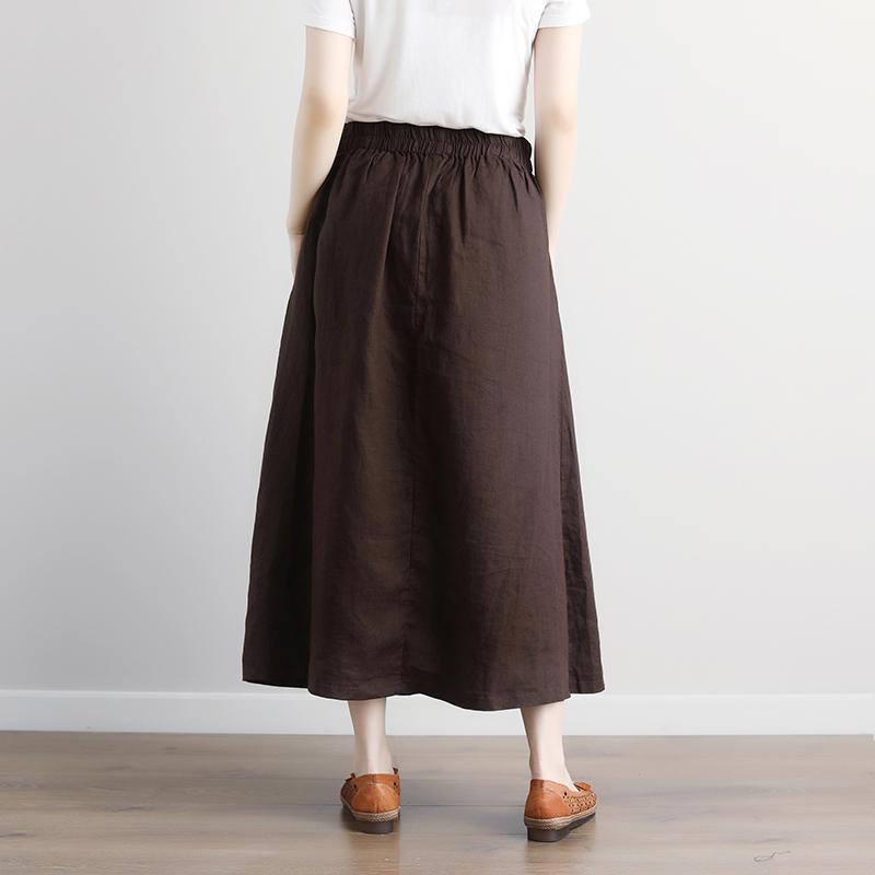 Fine linen skirt plus size Casual Summer Brown Pockets Pleated Skirts - Omychic