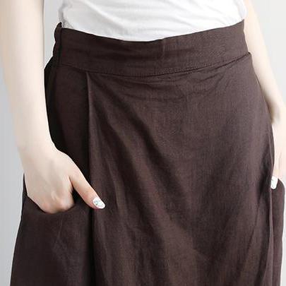 Fine linen skirt plus size Casual Summer Brown Pockets Pleated Skirts - Omychic
