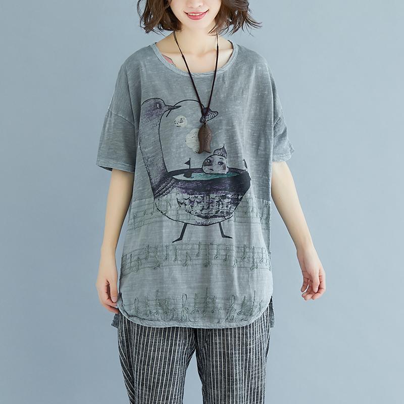 Fine linen tops Loose fitting Embroidery Summer Short Sleeve Slit Gray Blouse - Omychic