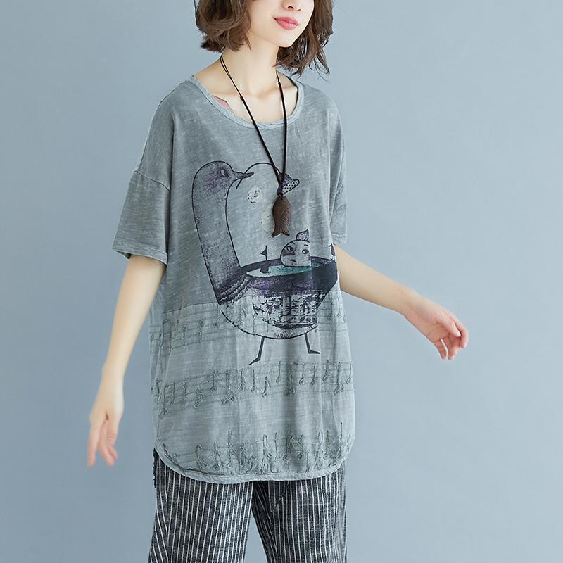 Fine linen tops Loose fitting Embroidery Summer Short Sleeve Slit Gray Blouse - Omychic