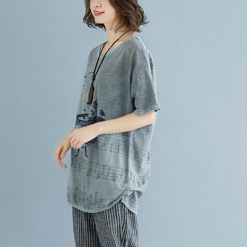 Fine linen tops Loose fitting Embroidery Summer Short Sleeve Slit Gray Blouse - Omychic
