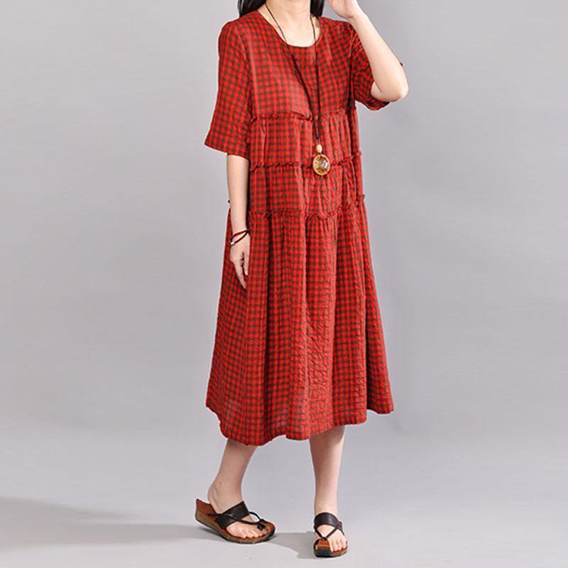 Fine long cotton dress oversize Casual Summer Women Red Lattice Short Sleeve Dress - Omychic