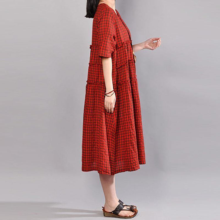 Fine long cotton dress oversize Casual Summer Women Red Lattice Short Sleeve Dress - Omychic