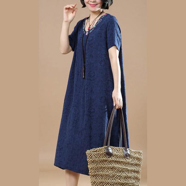 Fine navy linen maxi dress oversize v neck linen gown vintage jacquard linen caftans - Omychic