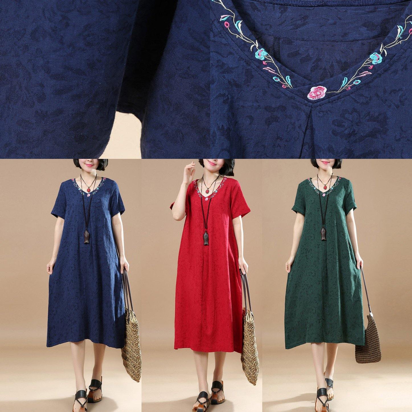 Fine navy linen maxi dress oversize v neck linen gown vintage jacquard linen caftans - Omychic