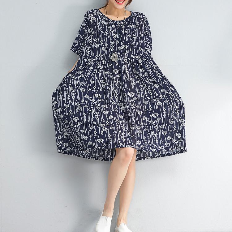 Fine Navy Prints Midi-length Chiffon Dress Plussize Traveling Dress Women Asymmetric Design Short Sleeve Natural Chiffon Dress - Omychic