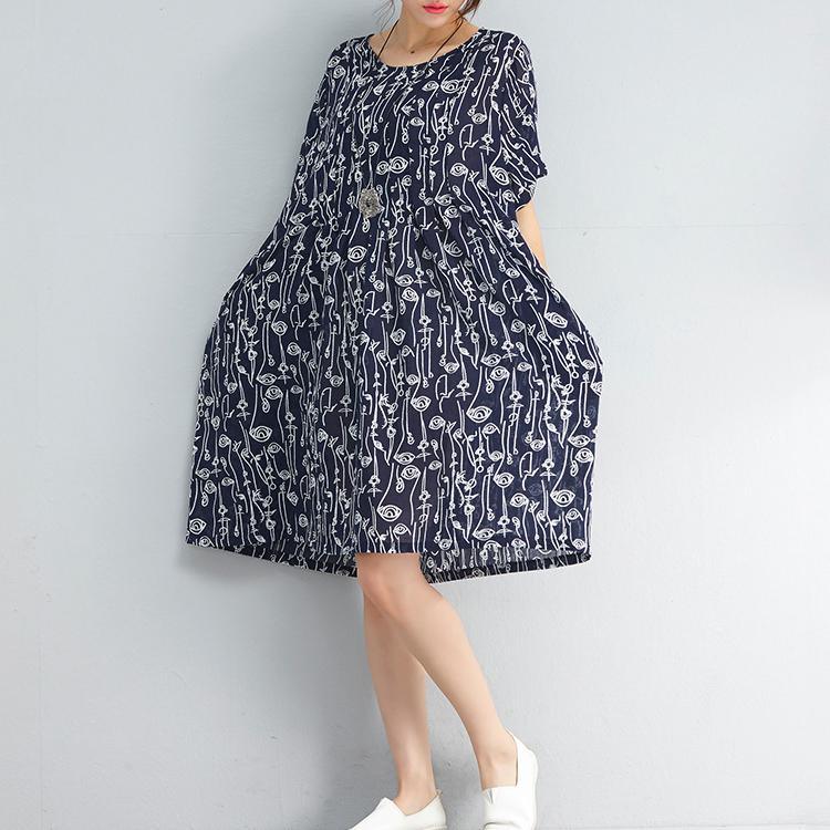 Fine Navy Prints Midi-length Chiffon Dress Plussize Traveling Dress Women Asymmetric Design Short Sleeve Natural Chiffon Dress - Omychic