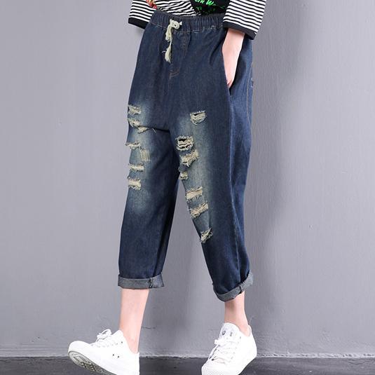 Fine navy summer casual trousers oversize cotton jeans vintage elastic wait pants - Omychic