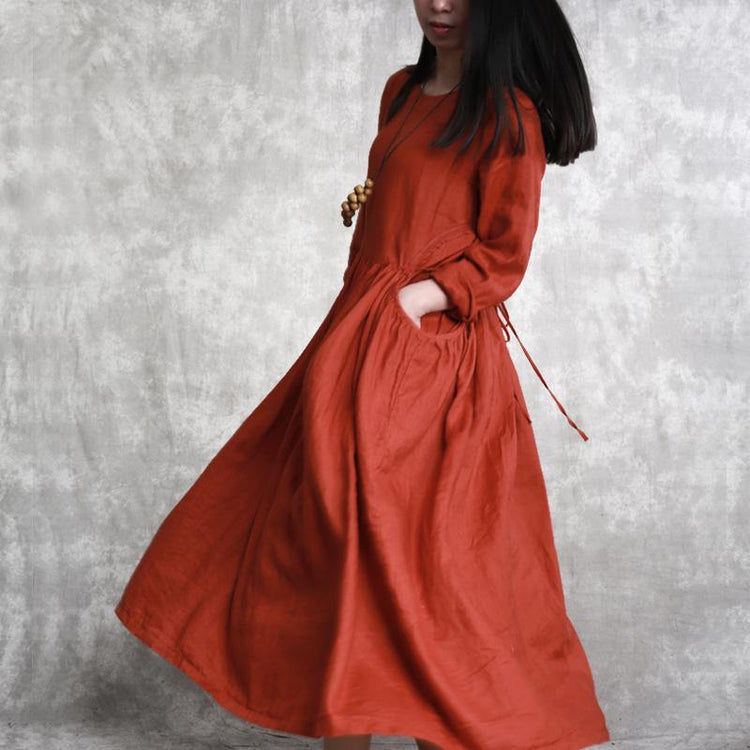 Fine orange  long linen dresses Loose fitting long sleeve gown top quality elastic waist maxi dresses - Omychic
