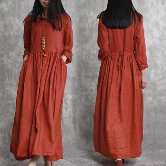 Fine orange  long linen dresses Loose fitting long sleeve gown top quality elastic waist maxi dresses - Omychic