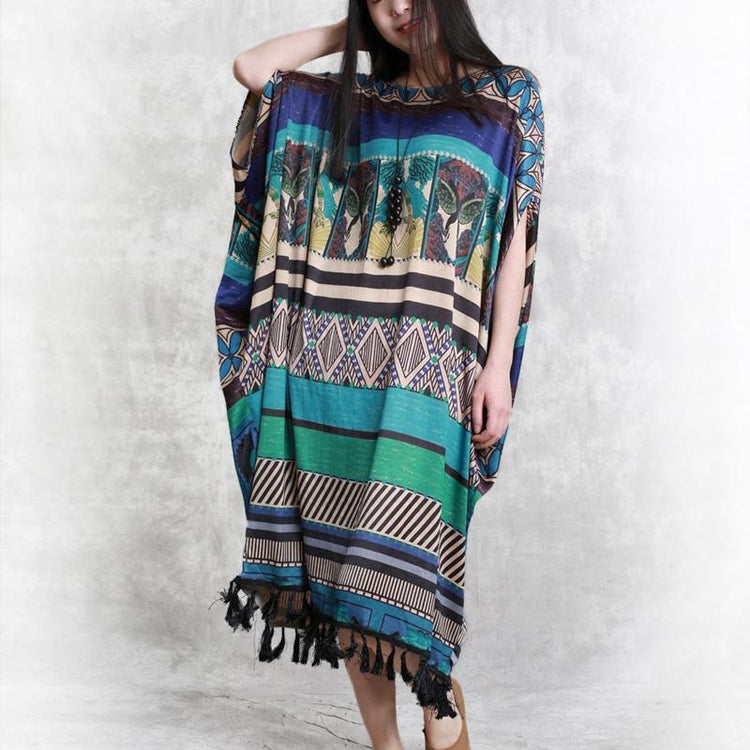 Fine prints Midi silk dresses Loose fitting silk maxi dress Elegant batwing sleeve tassel midi dress - Omychic