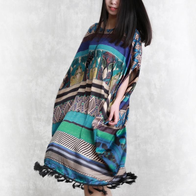 Fine prints Midi silk dresses Loose fitting silk maxi dress Elegant batwing sleeve tassel midi dress - Omychic