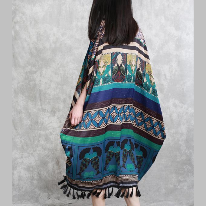 Fine prints Midi silk dresses Loose fitting silk maxi dress Elegant batwing sleeve tassel midi dress - Omychic