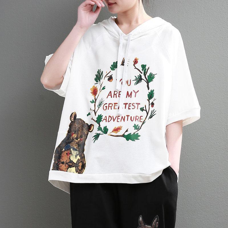 Fine pure cotton tops Loose fitting Loose Cartoon Letter Printed Hoodie Women White Tops - Omychic