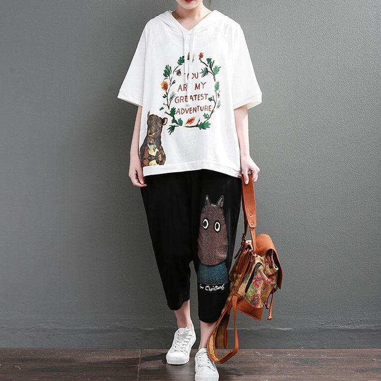 Fine pure cotton tops Loose fitting Loose Cartoon Letter Printed Hoodie Women White Tops - Omychic