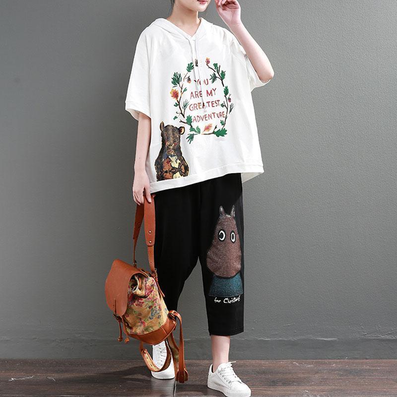 Fine pure cotton tops Loose fitting Loose Cartoon Letter Printed Hoodie Women White Tops - Omychic